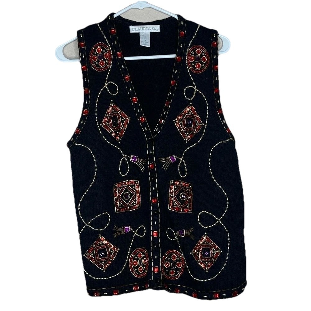 Claudia D. Vintage 1997 Beaded Sequin‎ Knit Sweater Vest Black Red Womens Medium